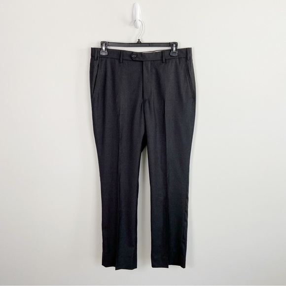 Santorelli Roma Flat Front Wool Dress Pants in Charcoal - Picture 2 of 13